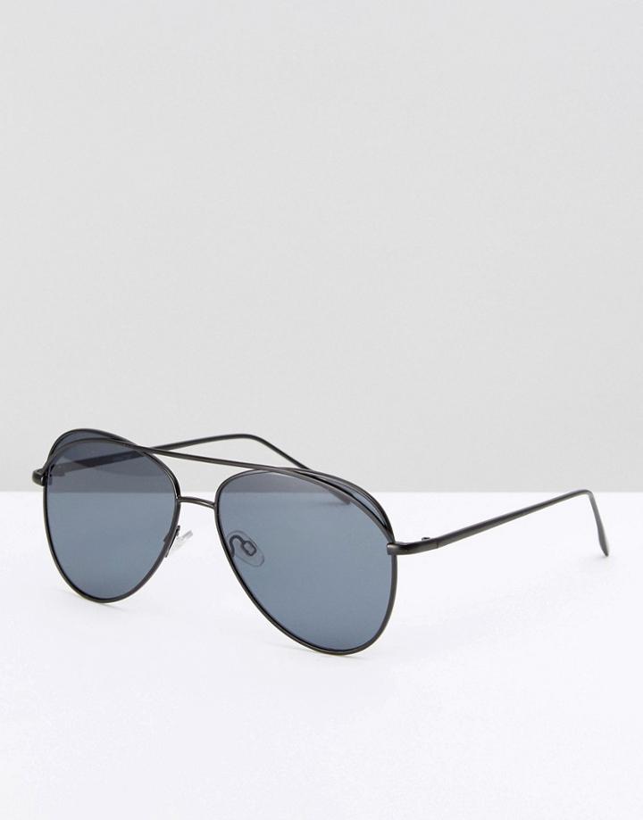 Asos Aviator Sunglasses In Black With Black Brow Bar Detail - Black