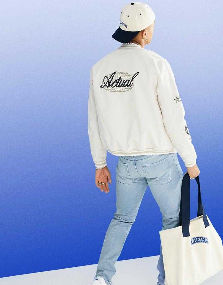Asos Actual Varsity Denim Bomber Jacket In Ecru With Badging-white