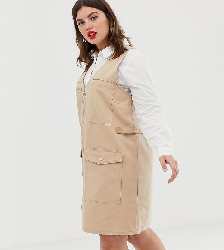 Collusion Plus Denim Utility Mini Dress In Sand-brown