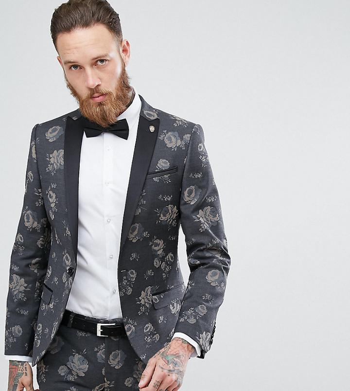 Noose & Monkey Super Skinny Suit Jacket In Floral Print - Gray