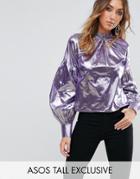 Asos Tall Metallic Blouse With Sleeve Detail - Purple
