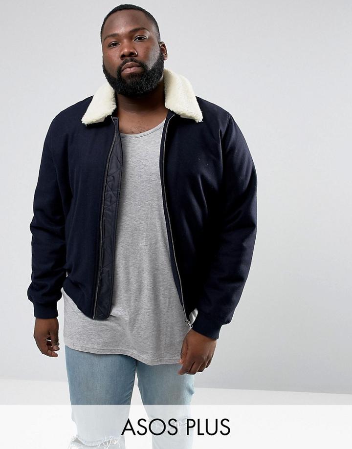 Asos Plus Wool Mix Harrington Jacket With Fleece Collar In Navy - Navy