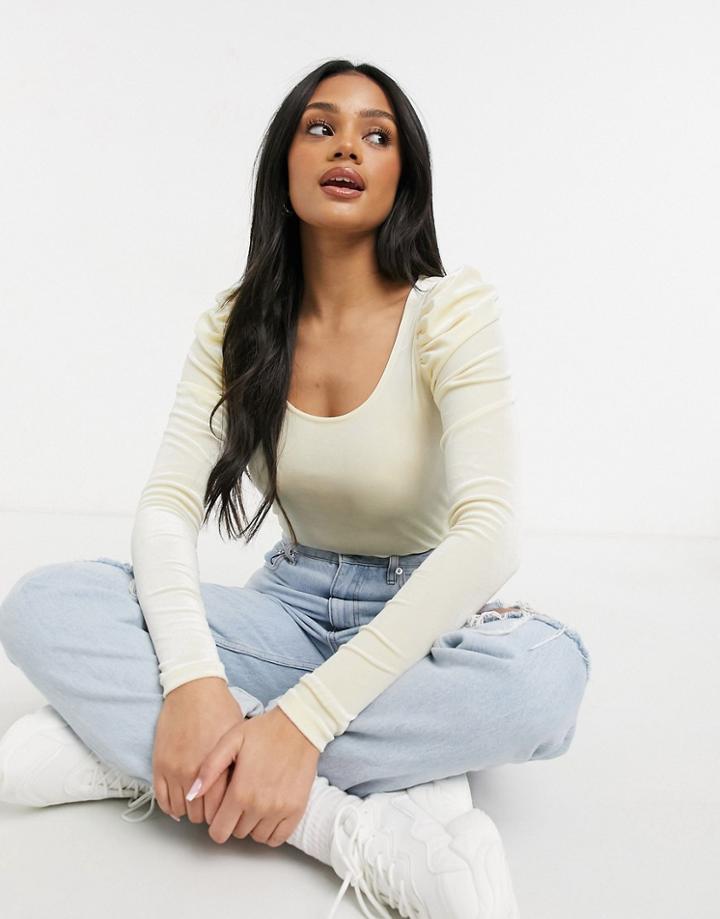 Monki Olisa Puff Shoulder Velvet Top In Yellow