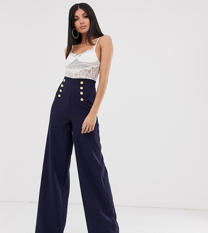 Flounce London Tall Wide Leg Pants With Gold Button Detail In Navy
