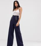 Flounce London Tall Wide Leg Pants With Gold Button Detail In Navy