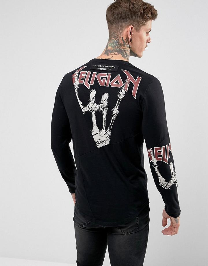 Religion Long Sleeve T-shirt With Spliced Skeleton Print - Black