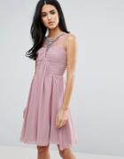 Little Mistress Embellished And Drape Front Prom Dress - Pink