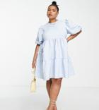 Asos Design Curve Jacquard Tiered Mini Dress With Bellow Pockets In Pastel Blue