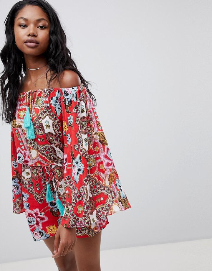 Asos Design Folk Paisley Print Off Shoulder Tassel Beach Romper - Multi