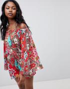 Asos Design Folk Paisley Print Off Shoulder Tassel Beach Romper - Multi