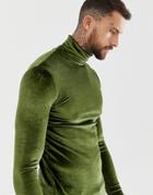 Asos Design Muscle Long Sleeve T-shirt In Velour With Roll Neck In Khaki - Green