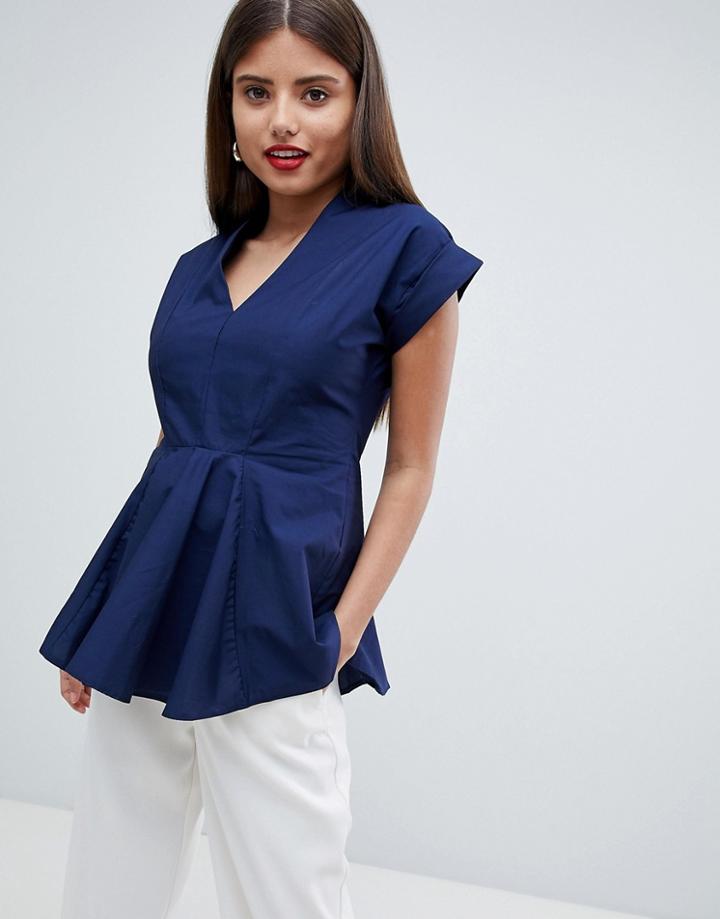 Closet London V Neck Pleated Top - Navy