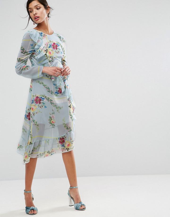 Asos Ruched Midi Tea Dress In Check And Floral Print - Multi