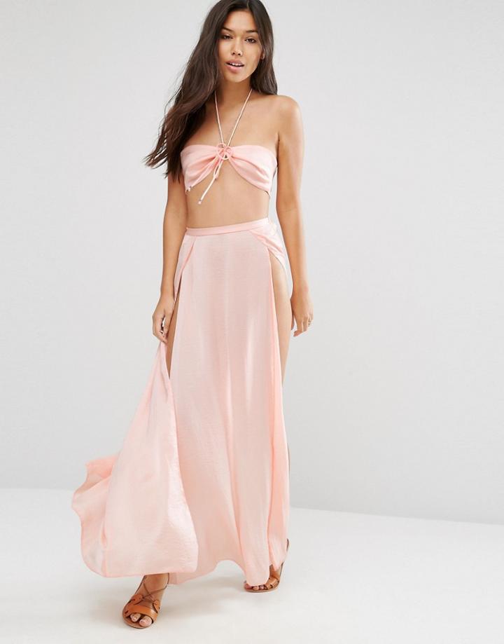 Asos Satin Split Maxi Beach Skirt Co-ord - Pink