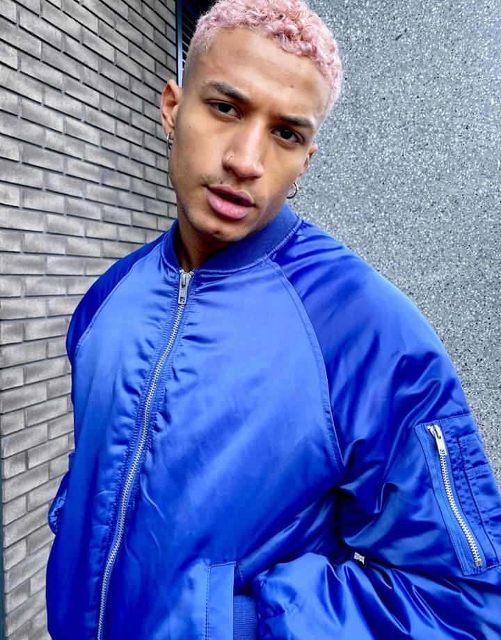 Asos Design Padded Bomber Jacket With Ma1 Pocket In Hi-shine Blue-blues