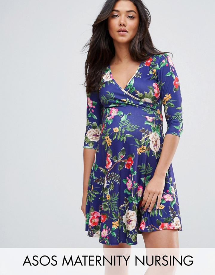 Asos Maternity Nursing Wrap Skater Dress In Navy Base Floral - Navy