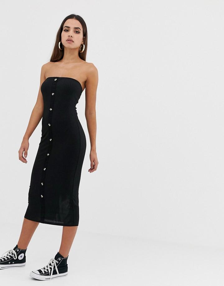Asos Design Rib Bandeau Midi Bodycon Dress With Faux Horn Buttons - Black