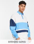 Asos Design Oversized Long Sleeve Rugby Polo T-shirt In Blue Color Block