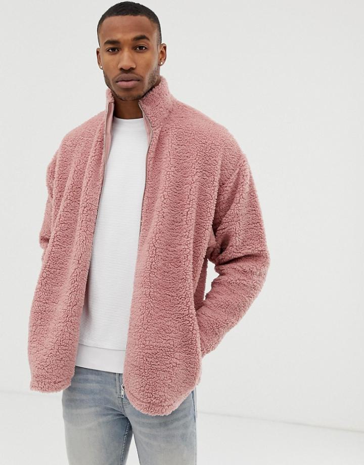 Asos Design Oversized Track Jacket In Pink Borg - Pink