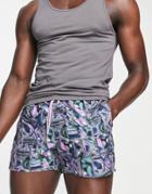 Asos Design Swim Shorts In Retro Print Short Length-purple