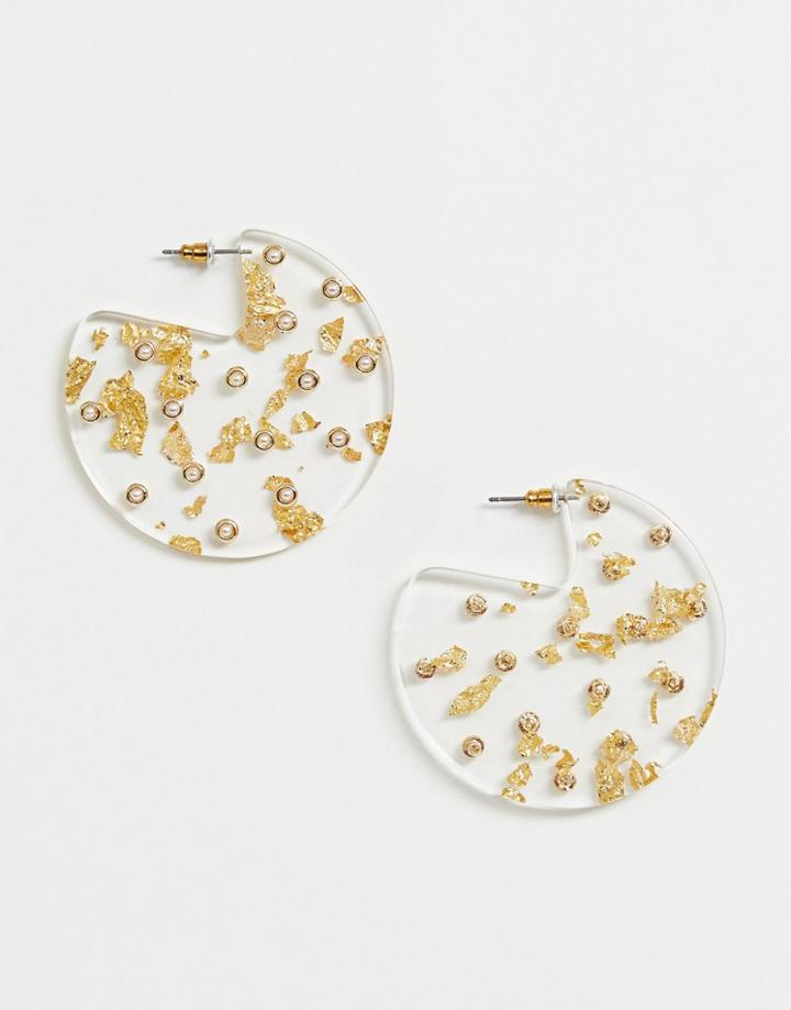 Asos Design Disc Earrings In Trapped Resin With Pearl Detail In Gold - Gold