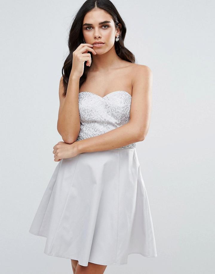 Lipsy Bandeau Skater Dress With Sequin Waistband - Silver