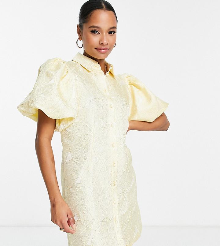 Pieces Petite Premium Textured Puff Sleeve Mini Dress In Lemon-yellow