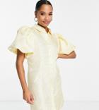 Pieces Petite Premium Textured Puff Sleeve Mini Dress In Lemon-yellow