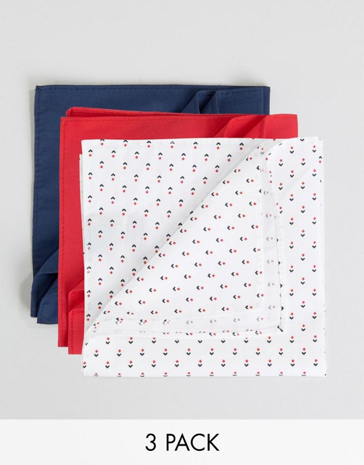 Devils Advocate 3 Pack Pocket Square 70s Flower Bud Print And Plain Combo - Blue