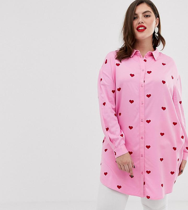 Junarose Heart Print Long Line Shirt - Pink