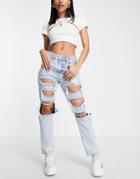 New Look Extreme Rip Straight Leg Jeans In Light Blue Wash