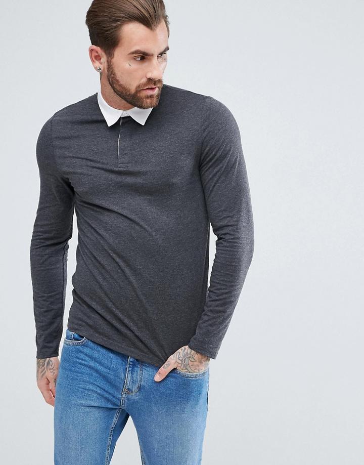 Asos Muscle Long Sleeve Polo Shirt In Rugby Style In Charcoal - Gray