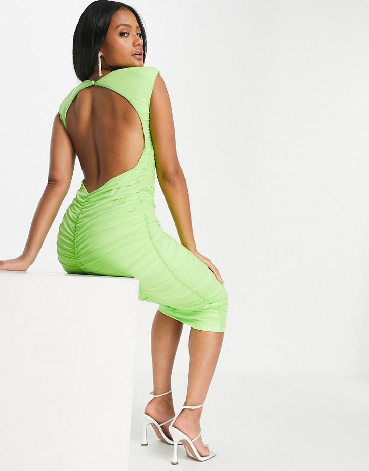 Asos Design Strong Shoulder Ruched Mesh Midaxi Dress With Super Low Back In Lime-green