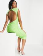 Asos Design Strong Shoulder Ruched Mesh Midaxi Dress With Super Low Back In Lime-green