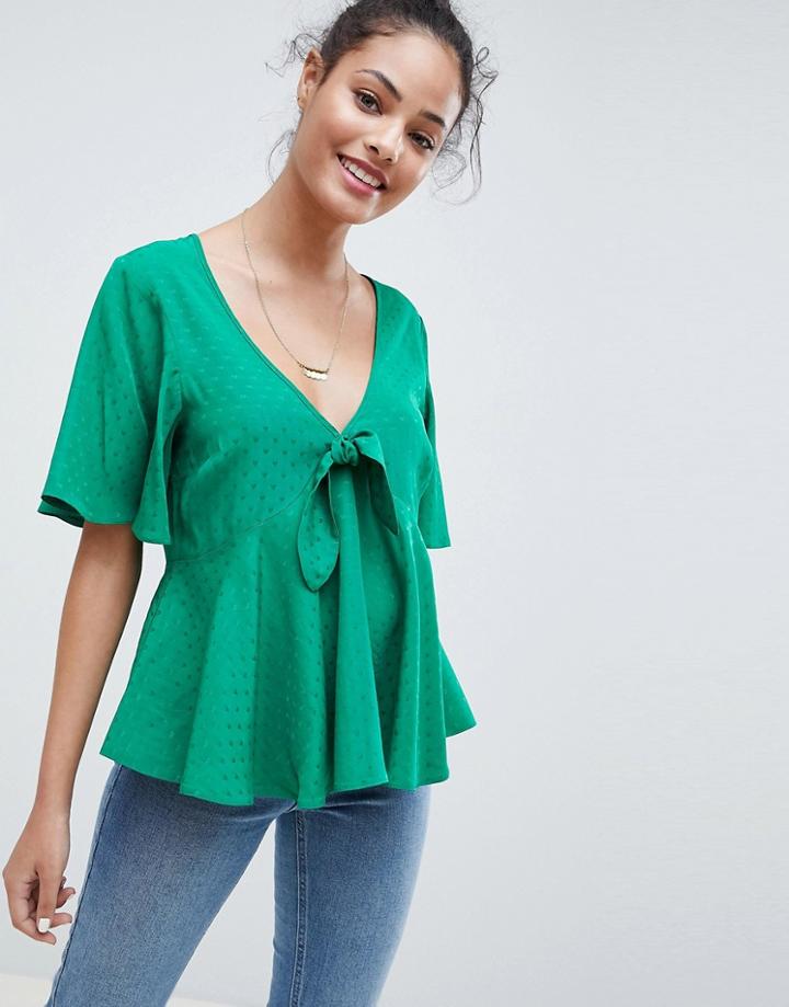 Asos Design Flutter Sleeve Tie Front Top In Jacquard-blue
