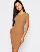 Missguided Curve Hem Waffle Textured Body-conscious Dress - Tan