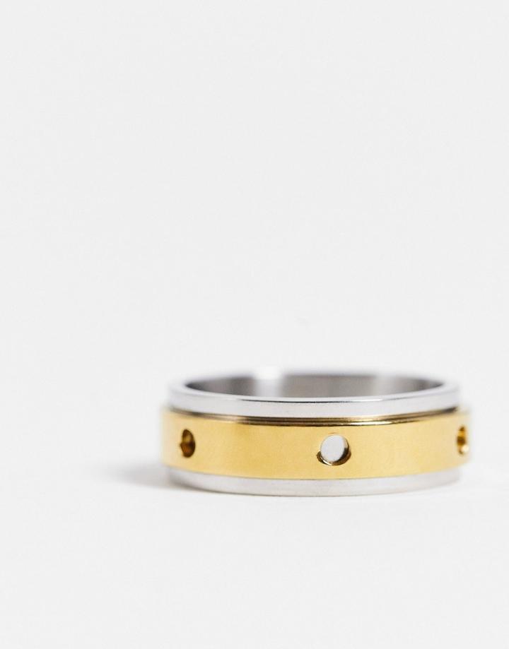 Asos Design Waterproof Stainless Steel Biplate Movement Band Ring In Gold And Silver Tone-multi