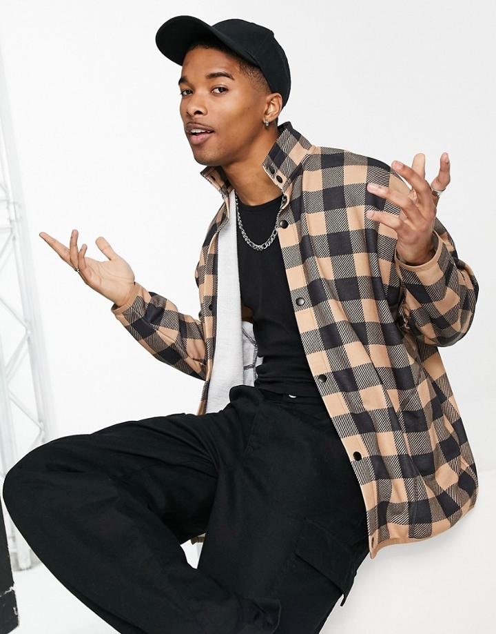 Asos Design Oversized Jersey Jacket In Brown With All Over Check Print