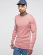 Asos Rib Longline Muscle Long Sleeve T-shirt With Curved Hem In Pink - Pink