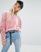 Stylenanda Velvet Sweatshirt With Ruched Sleeves - Pink