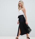 Asos Design Petite Satin Midi Skirt With Self Tie - Black