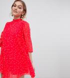 Asos Design Petite Pleated High Neck Mini Dress In Star Print - Red