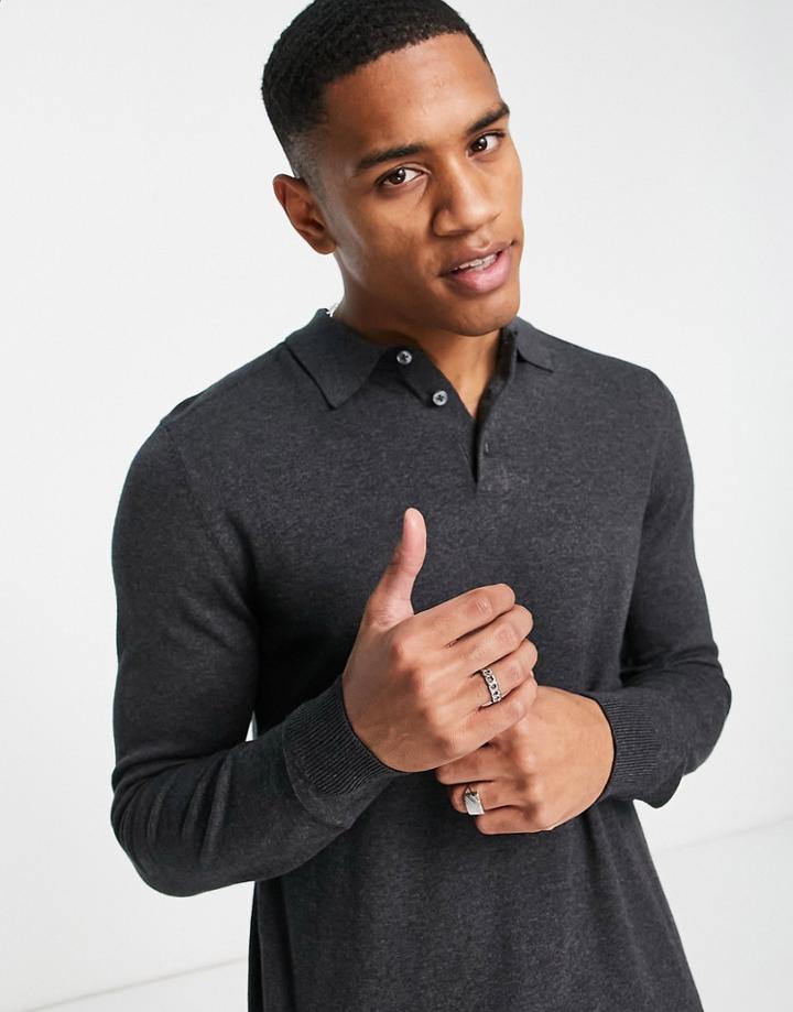 Selected Homme Long Sleeve Knitted Polo In Gray