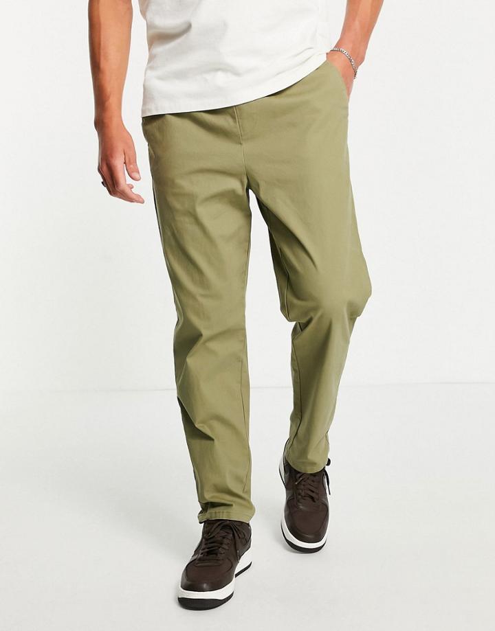 Asos Design Relaxed Pants With Elastic Waist In Khaki-green