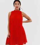 Asos Design Petite High Neck Pleated Broderie Mini Swing Dress-red