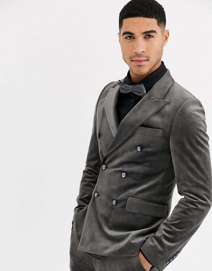 Gianni Feraud Skinny Fit Velvet Double Breasted Peak Lapel Suit Jacket-gray