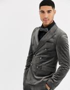 Gianni Feraud Skinny Fit Velvet Double Breasted Peak Lapel Suit Jacket-gray