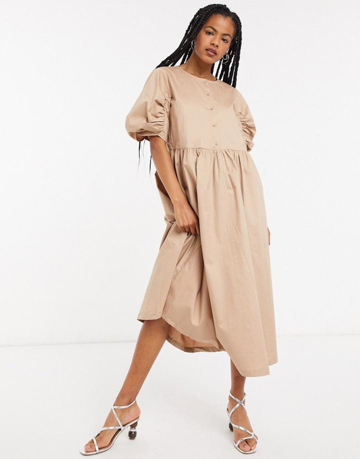 Selected Puff Sleeve Midi Dress In Beige-neutral