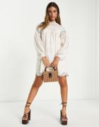 Asos Design Premium Lace Trim Mini Smock Dress In Cream-white