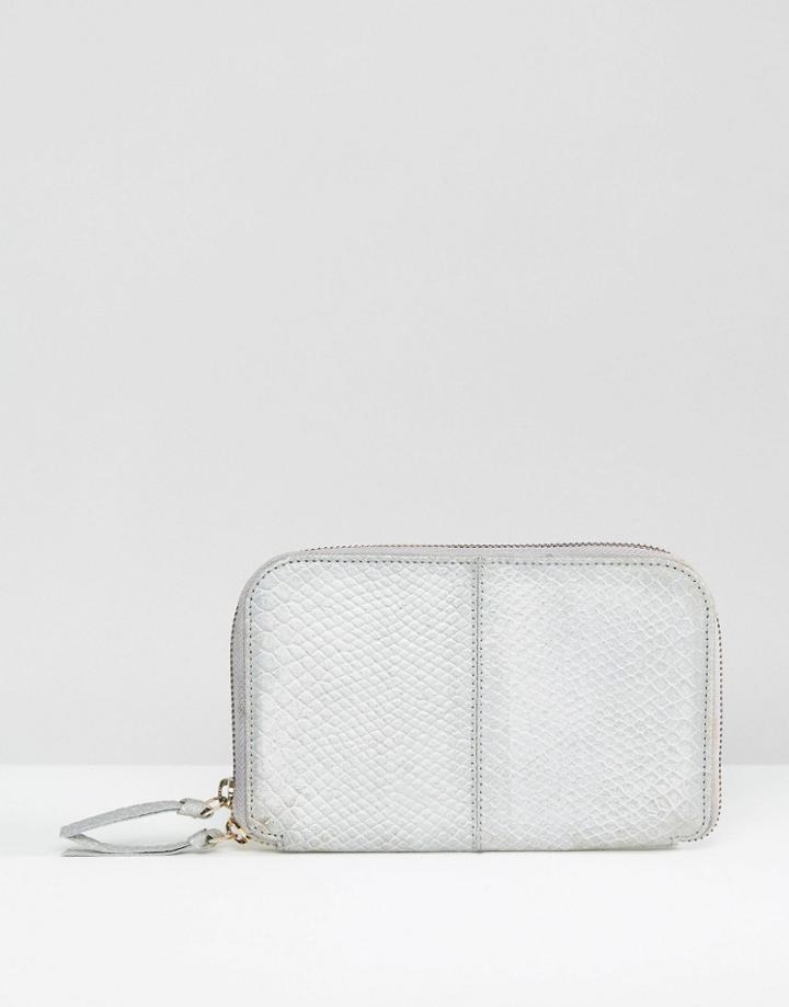 Urbancode Metallic Faux Snakeskin Leather Zip Around Clutch Bag - Silv